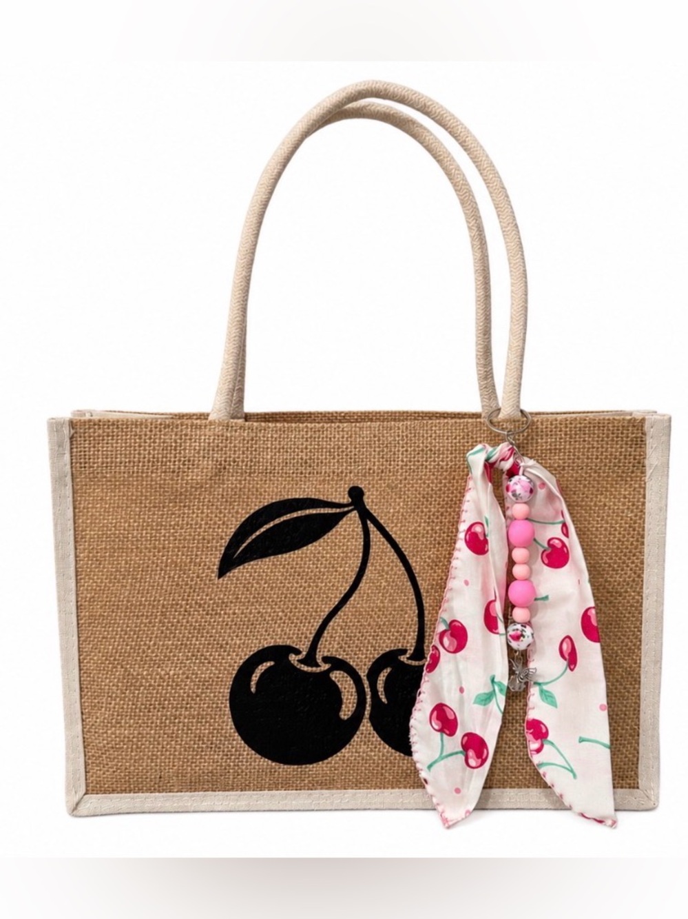 Burlap Tote Bag with Black Cherry Print and beaded Charm